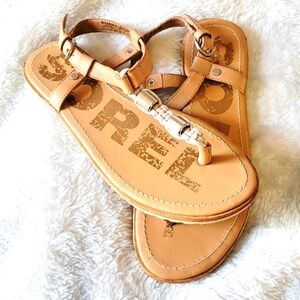 Sorel Tan Sandals with Adjustable Buckle and Decorative Straps